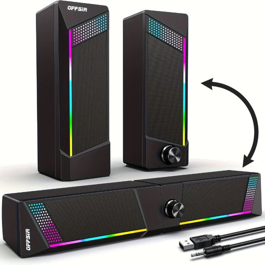 2-in-1 RGB Gaming Computer Speakers Wired, PC Desktop Laptop Soundbar with Subwoofer, Volume Control