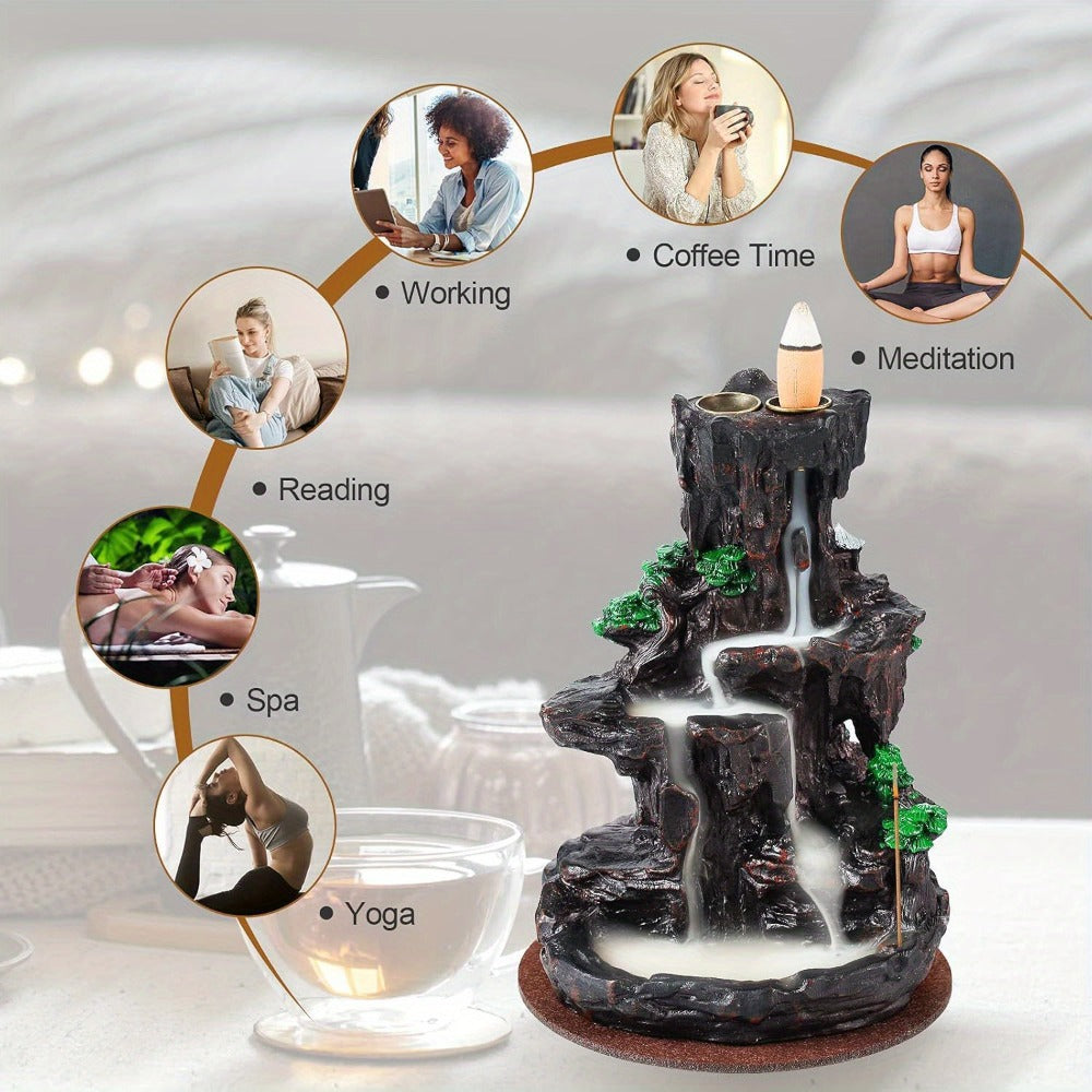 Backflow Incense Burner Waterfall Smoke Effect 2-Side Incense Holder with 120 Backflow Cones for Entryways, Bedrooms and Living Spaces