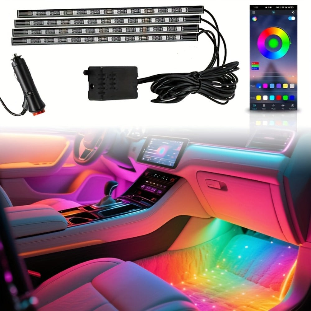 Car Interior Footwell Light Kit with Four Pictured Bars, App and Remote Control, Music-Responsive Color Modes