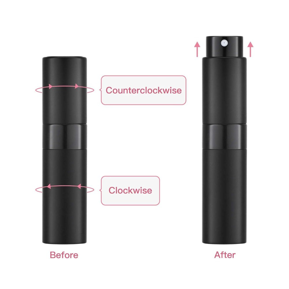 Refillable Perfume Atomizer Travel 5 Pack – 8ml Mini Cologne Sprayer Bottles with Cap-Free Twist Design, Leak-Proof Aluminum & Glass