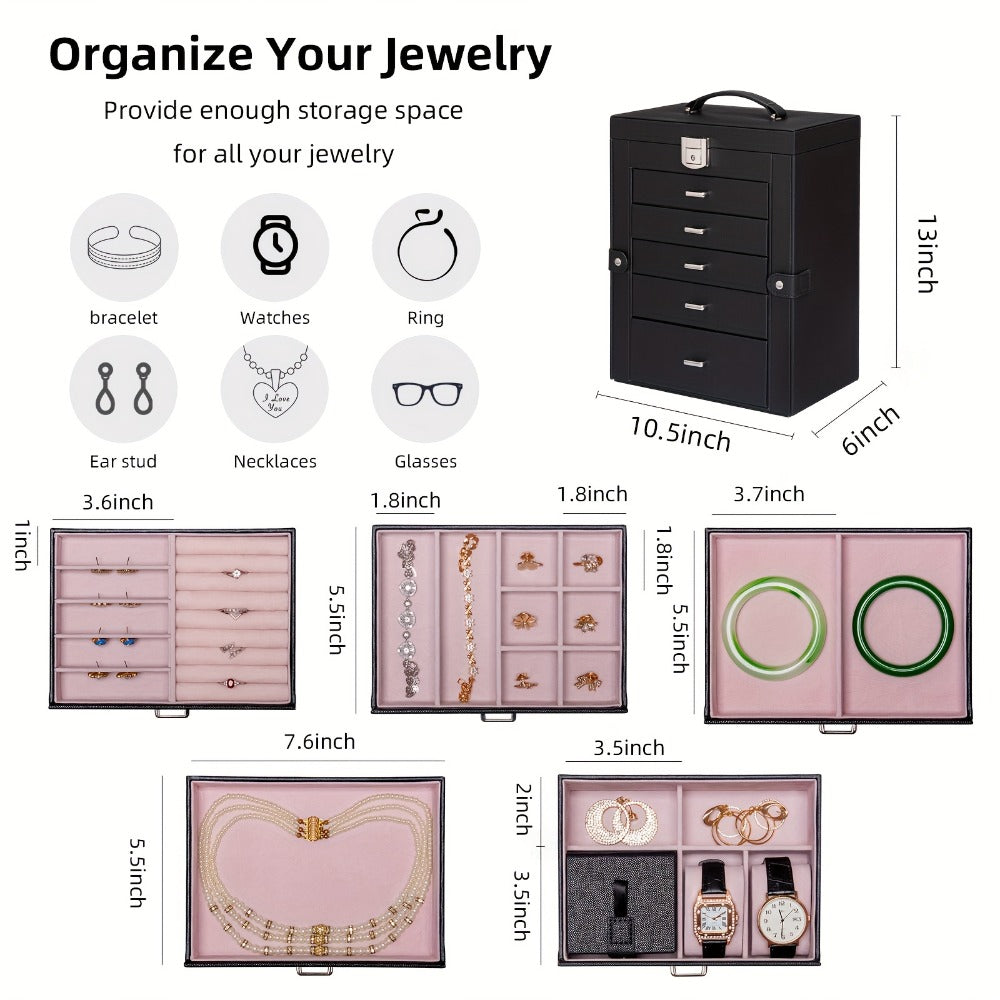 Jewelry Organizer 6-Tier Brown Storage Box with 5 Drawers, Built-In Mirror and Key-Lock Closure