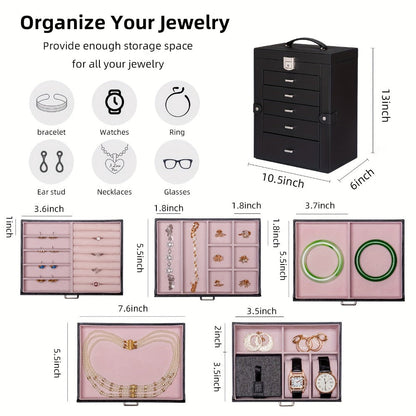 Jewelry Organizer 6-Tier Brown Storage Box with 5 Drawers, Built-In Mirror and Key-Lock Closure