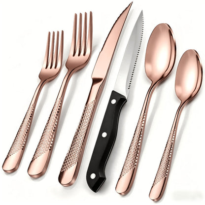 40- or 48-Piece Hammered-Handle Flatware Set in Rose Gold or Silver with Option-Specific Knives