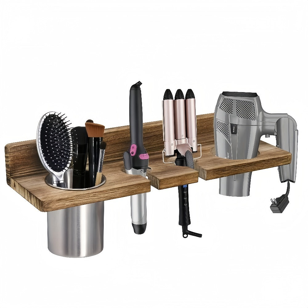 Wall Mounted Hair Tool Organizer – Wooden Hair Dryer Holder & Storage Rack for Curling Iron, Straightener & Brushes