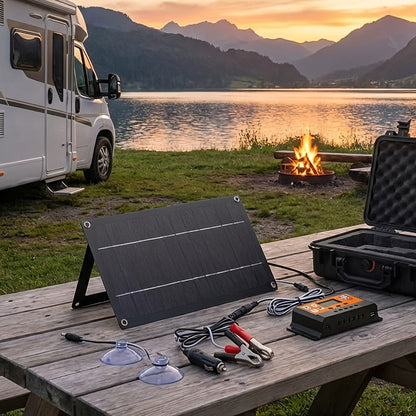 Solar Panel Kit with Charge Controller, Extension Cord & Battery Clamps – Universal Off-Grid Power for RV, Boat, Motorcycle