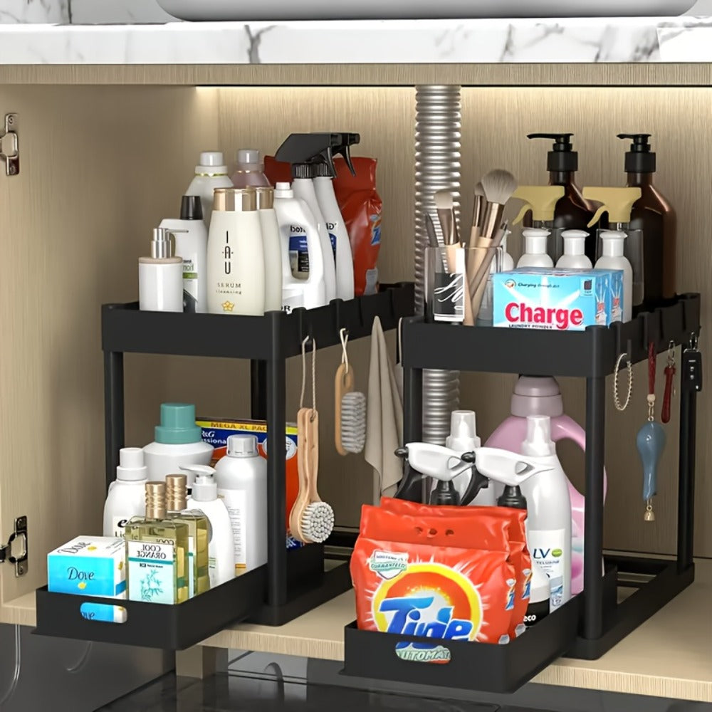 Under Sink Storage Organizer 2-Piece Double-Tier Sliding Basket with 8 Hooks in Four Color Styles