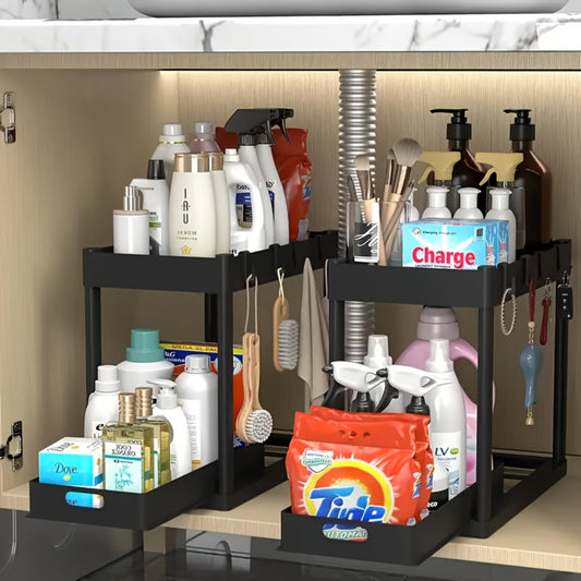 Under Sink Storage Organizer 2-Piece Double-Tier Sliding Basket with 8 Hooks in Four Color Styles