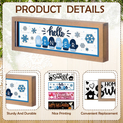 Interchangeable Seasonal Wood Welcome Sign 25-Piece Set – Wooden Frame Table Decor with Swappable Holiday Signs for Fall, Thanksgiving