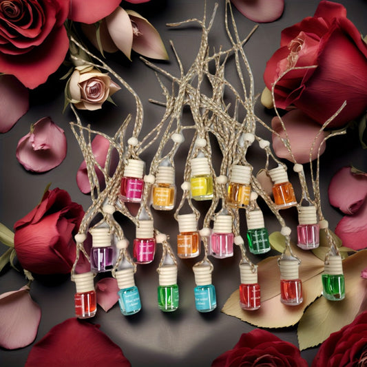 Car Air Freshener 18-Pack Hanging Diffuser Bottles with Six Random Scents and Adjustable Wooden Caps