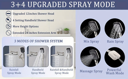 Rain Shower Head with Handheld Combo 12 Inch High Pressure Rainfall Showerhead Set, 4-Function Spray