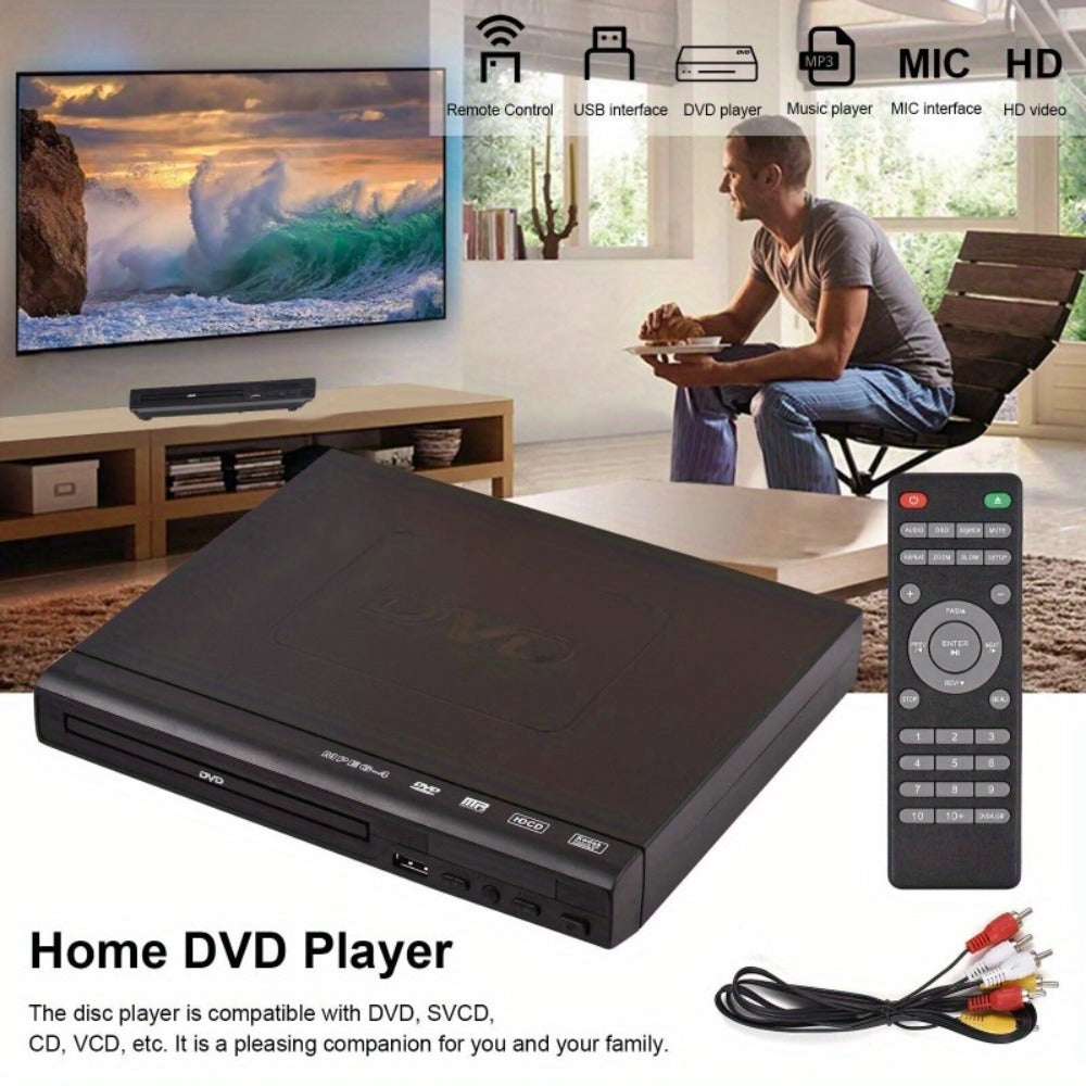 Compact Black DVD Player with USB Port, AV and Coaxial Outputs, Remote Control and RCA Cable for Older TVs