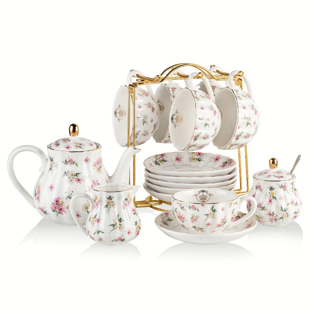 Porcelain Tea Set Service for 6 British Royal Floral Design with Teapot Sugar Bowl Cream Pitcher Teaspoons Tea Strainer 8oz Cups Saucers