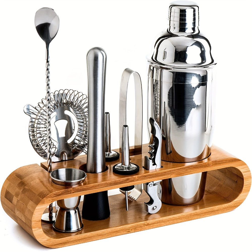 Bartender Kit 10 Piece Stainless Steel Bar Tool Set with Bamboo Stand Cocktail Shaker Mixing for Entryways, Bedrooms and Living Spaces