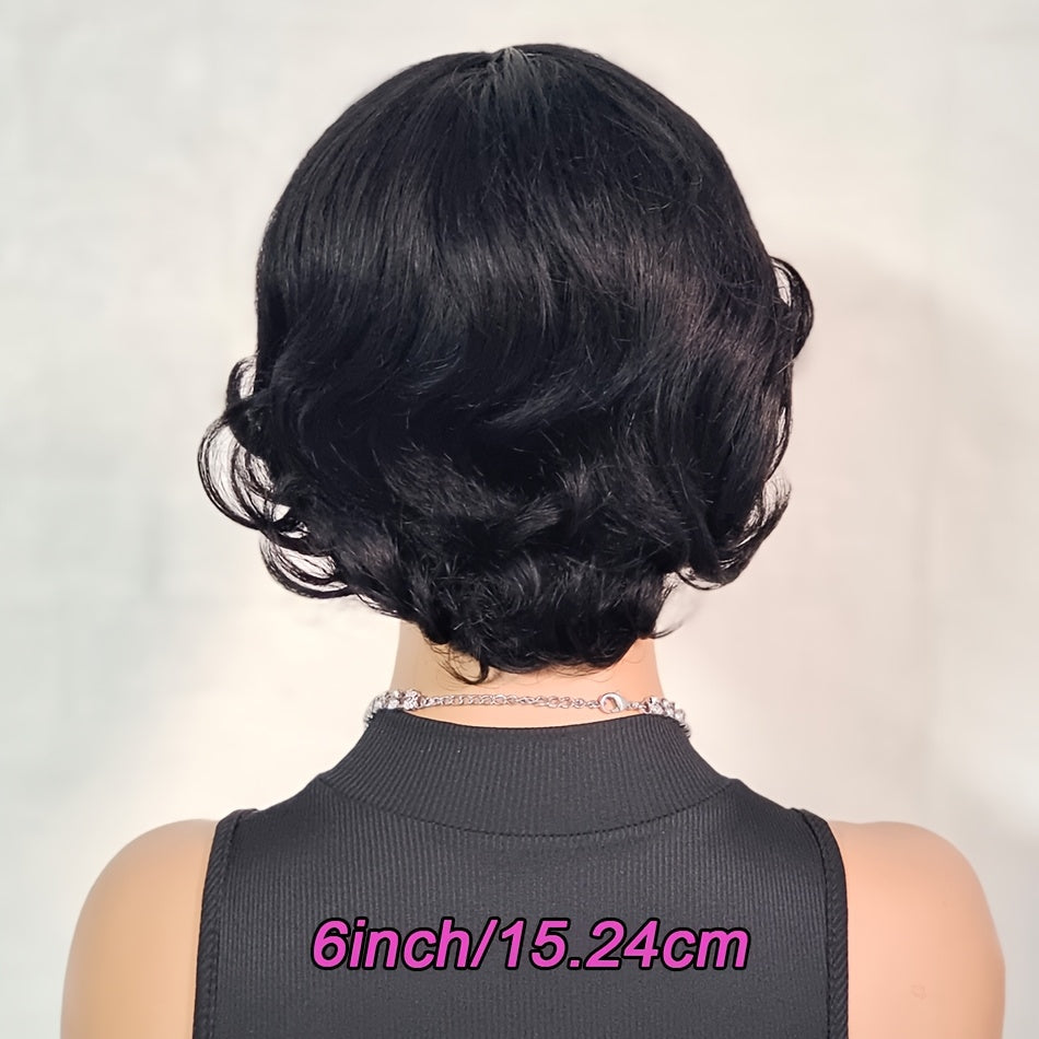 Pixie Cut Wig Human Hair with Bangs Glueless Short Brazilian Layered Machine Made Throw-On-and-Go Hairpiece Natural Black 1B Medium Brown #4
