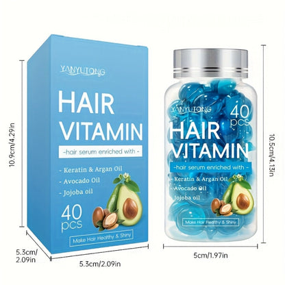 Hair Oil Capsules 40pcs – Keratin Hair Vitamin Essence with Moroccan Argan Oil, Avocado Oil & Jojoba Oil | No-Rinse Deep Nourishing
