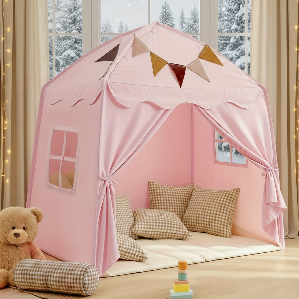 Kids Play Tent with Star Lights & Flags, Extra Large Indoor Outdoor Playhouse with Windows for Reading & Pretend Play
