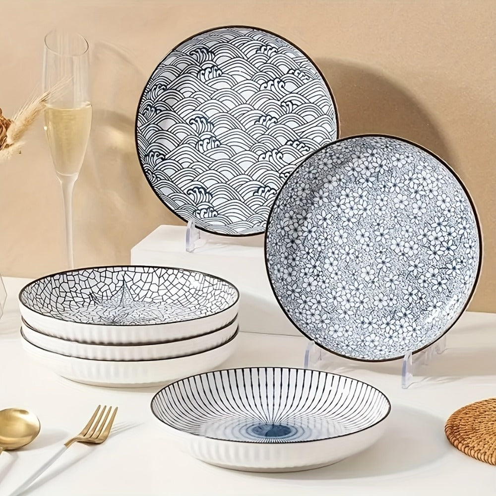 Japanese Ceramic Plates Set of 4, Floral Yamada Pattern Dinnerware, 7-Inch Round Serving Plates with Edge