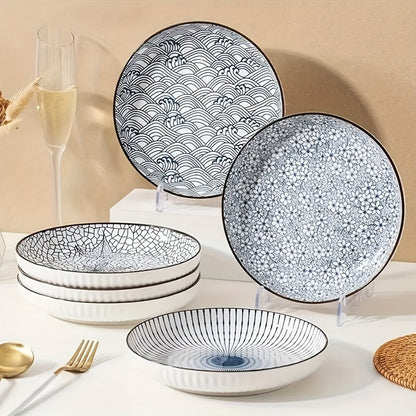 Japanese Ceramic Plates Set of 4, Floral Yamada Pattern Dinnerware, 7-Inch Round Serving Plates with Edge