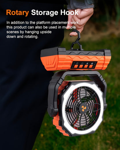 Portable Camping Fan with Dual Motors LED Light & Remote Control, Solar Powered Outdoor Fan with Hook for Tent Work Site Power Outage
