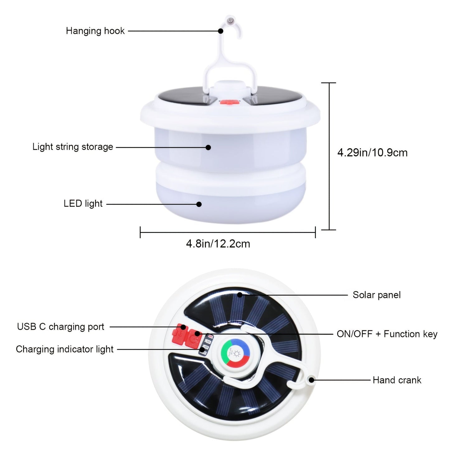 Solar Camping Lantern with Retractable 32.8ft String Lights, Six Modes, USB-C Port and Hand Crank