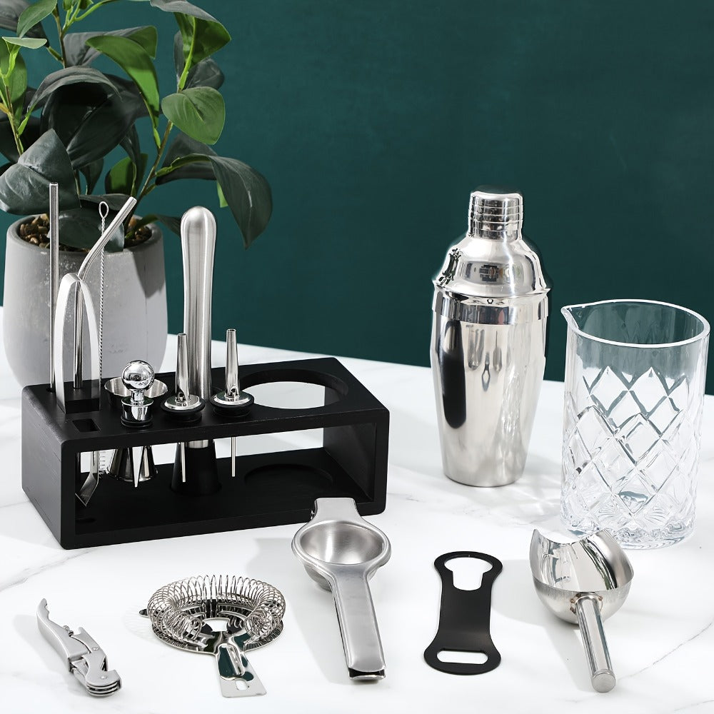 28-Piece Bartender Tool Set with Cocktail Shaker, Three-Tier Glass Rimmer, Garnish Tray and Organizers
