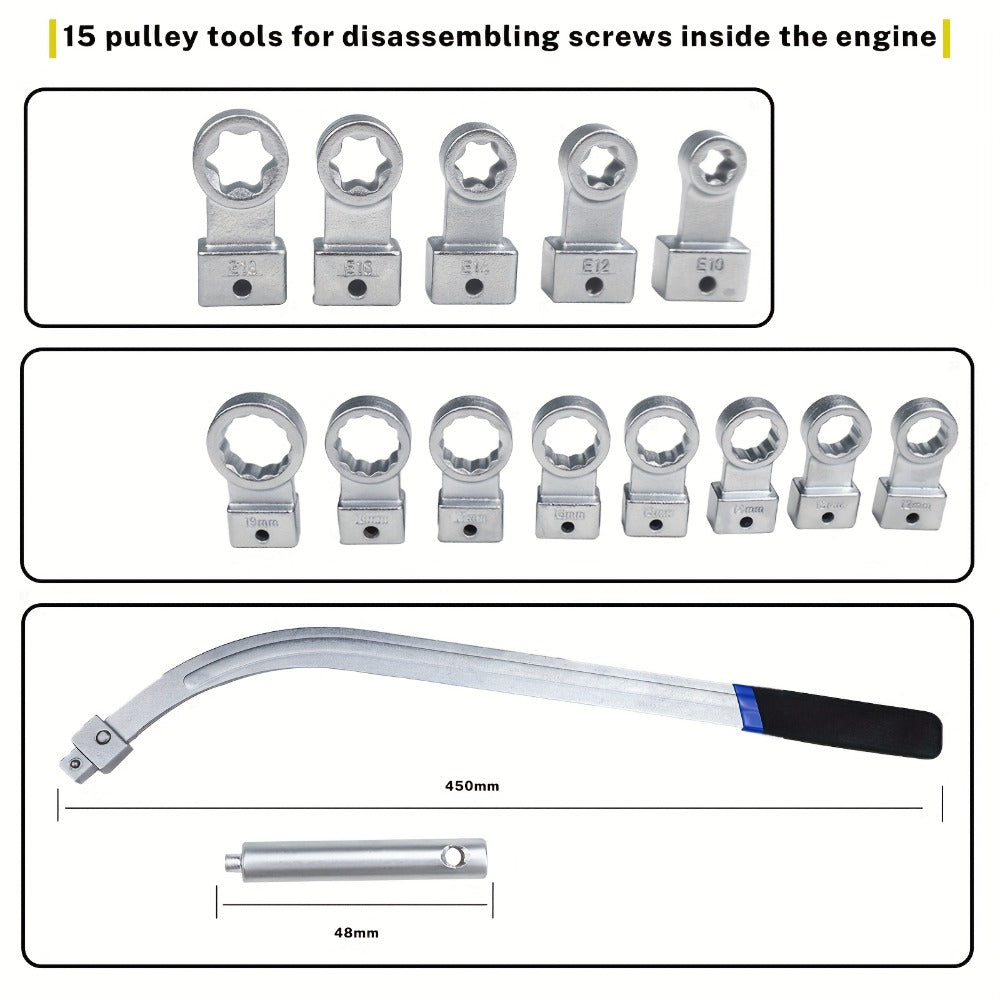 Belt Tensioner Pulley Removal Tool Kit 15-Piece – Auxiliary Engine Belt Removal Set with Multi-Size Adapters & Carrying Case