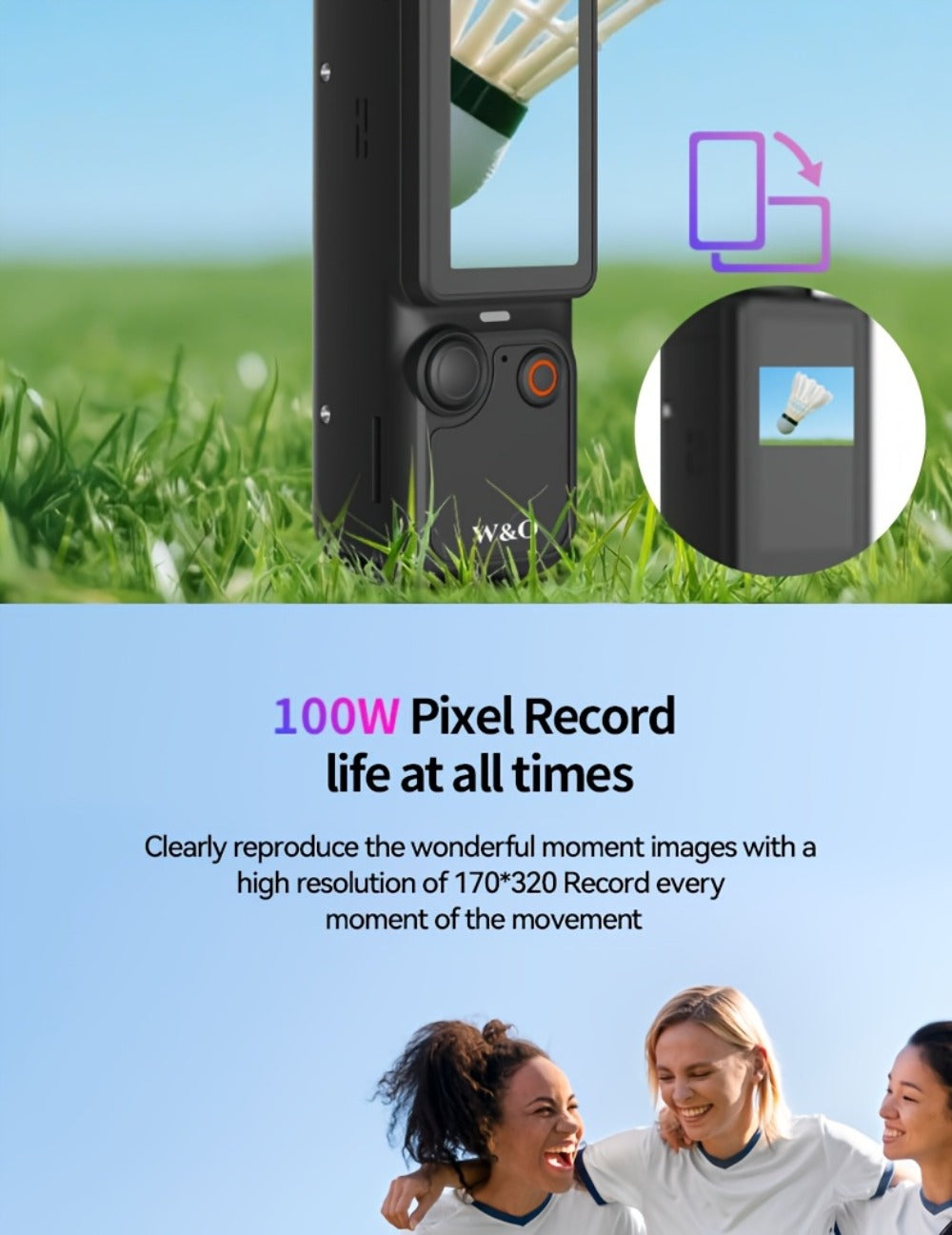 W&O 4K-Labeled Pocket Action Camera with 180-Degree Rotating Lens, 1.9-Inch Screen and 2000mAh Battery Marking