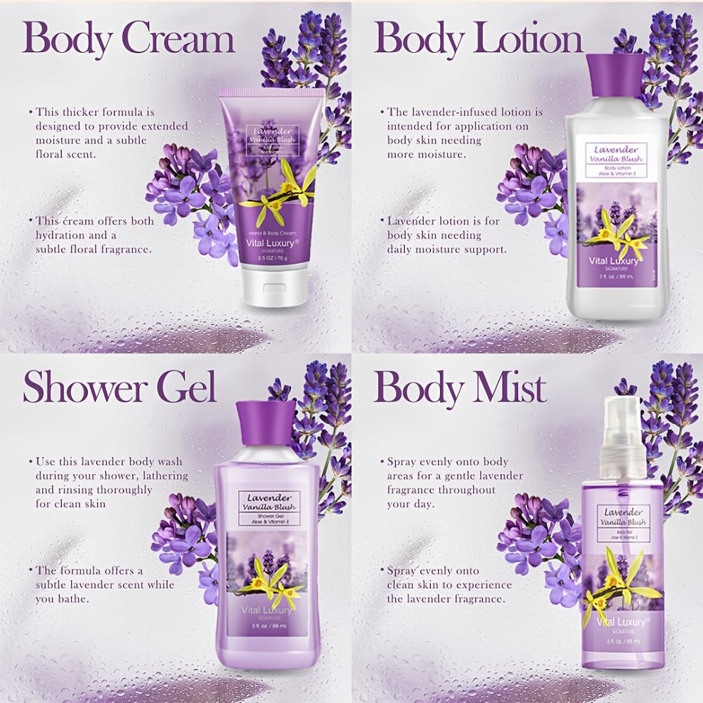 Luxury Bath Gift Set for Women 4pcs Lavender Vanilla Body Care Kit Shower Gel Body Lotion for Entryways, Bedrooms and Living Spaces