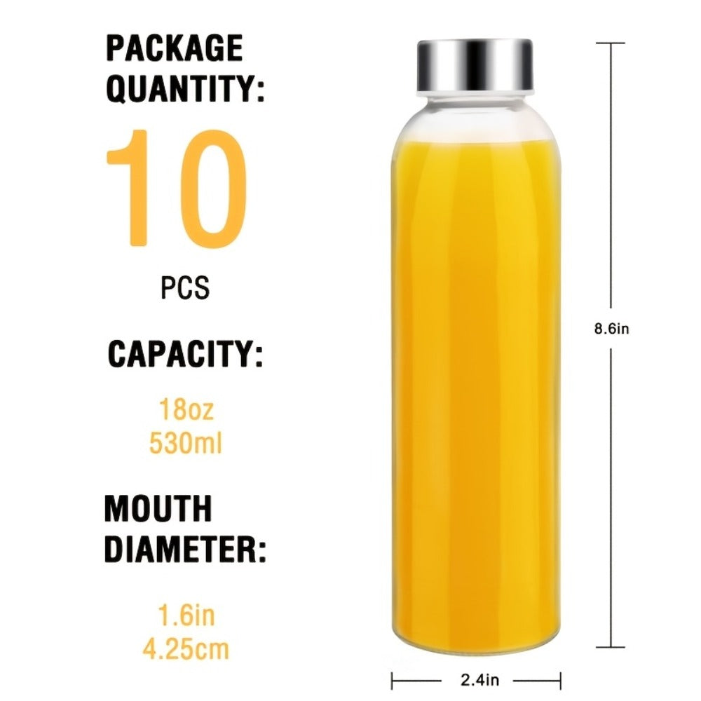 Glass Water Bottles with Lids 18oz Set of 10 Reusable Clear Glass Juice Bottles Leak-Proof for Entryways, Bedrooms and Living Spaces