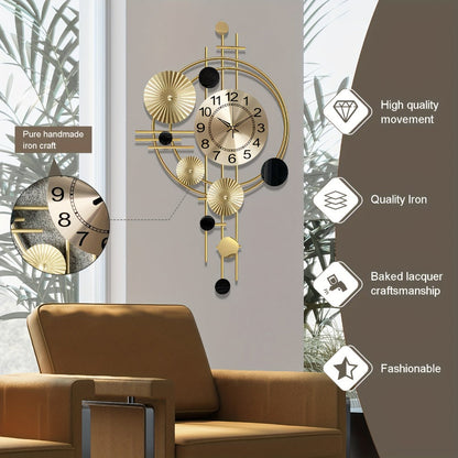 Golden Metal Art Wall Clock with Asymmetrical Circular Accents, Analog Dial and 30.7 x 17.7-Inch Size