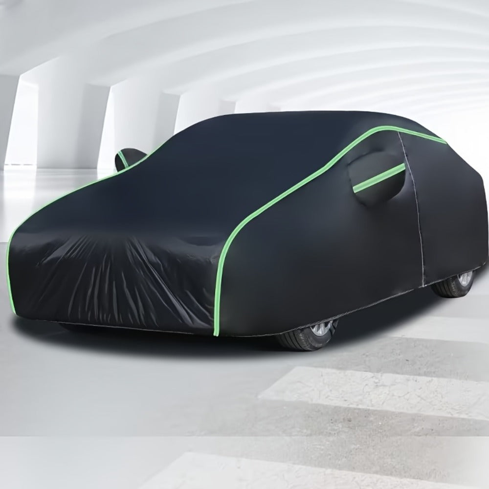 Black Full Car Cover with Green Reflective Trim in Six Sedan or SUV Sizes from 490 x 180 x 150 to 540 x 200 x 185 cm