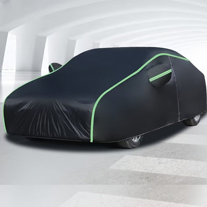 Black Full Car Cover with Green Reflective Trim in Six Sedan or SUV Sizes from 490 x 180 x 150 to 540 x 200 x 185 cm