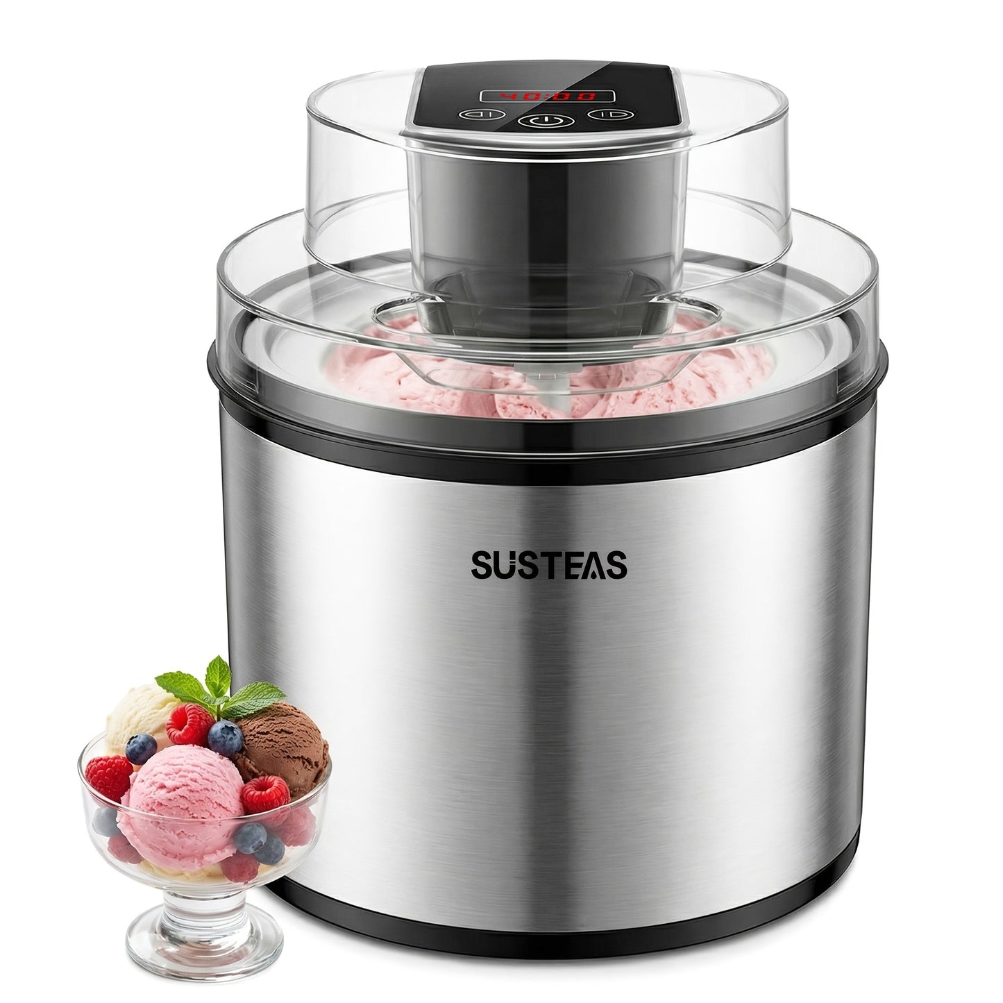 Ice Cream Maker 2 Liter Large Stainless Steel with LED Screen - Electric Ice Cream Machine for Home
