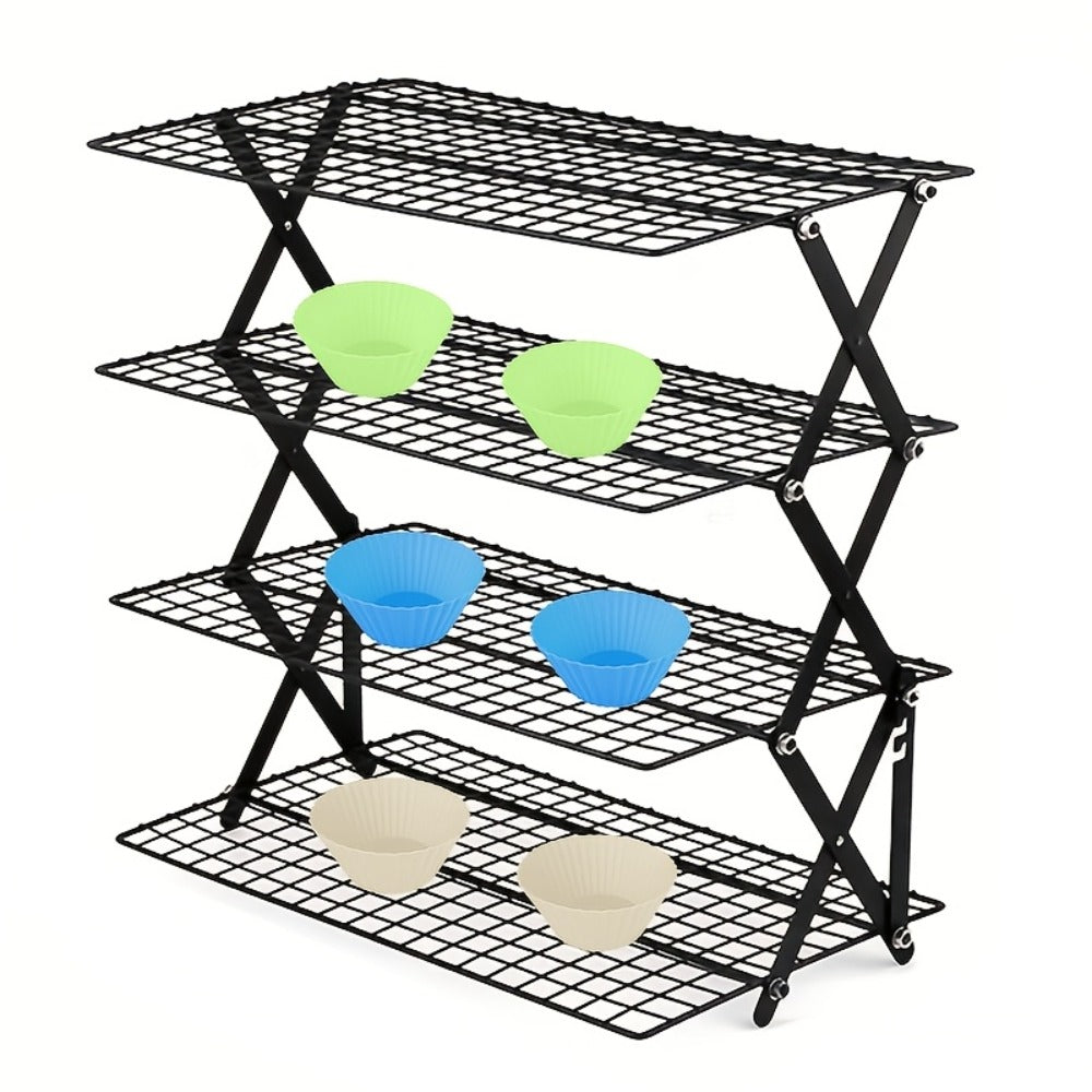 4-Tier Collapsible Cooling Rack Set with Muffin Cups – Metal Wire Baking Rack for Cookies Cakes for Grilling, Camping and Outdoor Meals