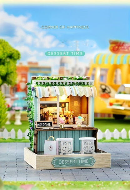 DIY Wooden Tiny House Kit with Dust Cover, Handmade Miniature Dollhouse Puzzle, 3 Themes Afternoon Tea Rotating Food House Moon Magic