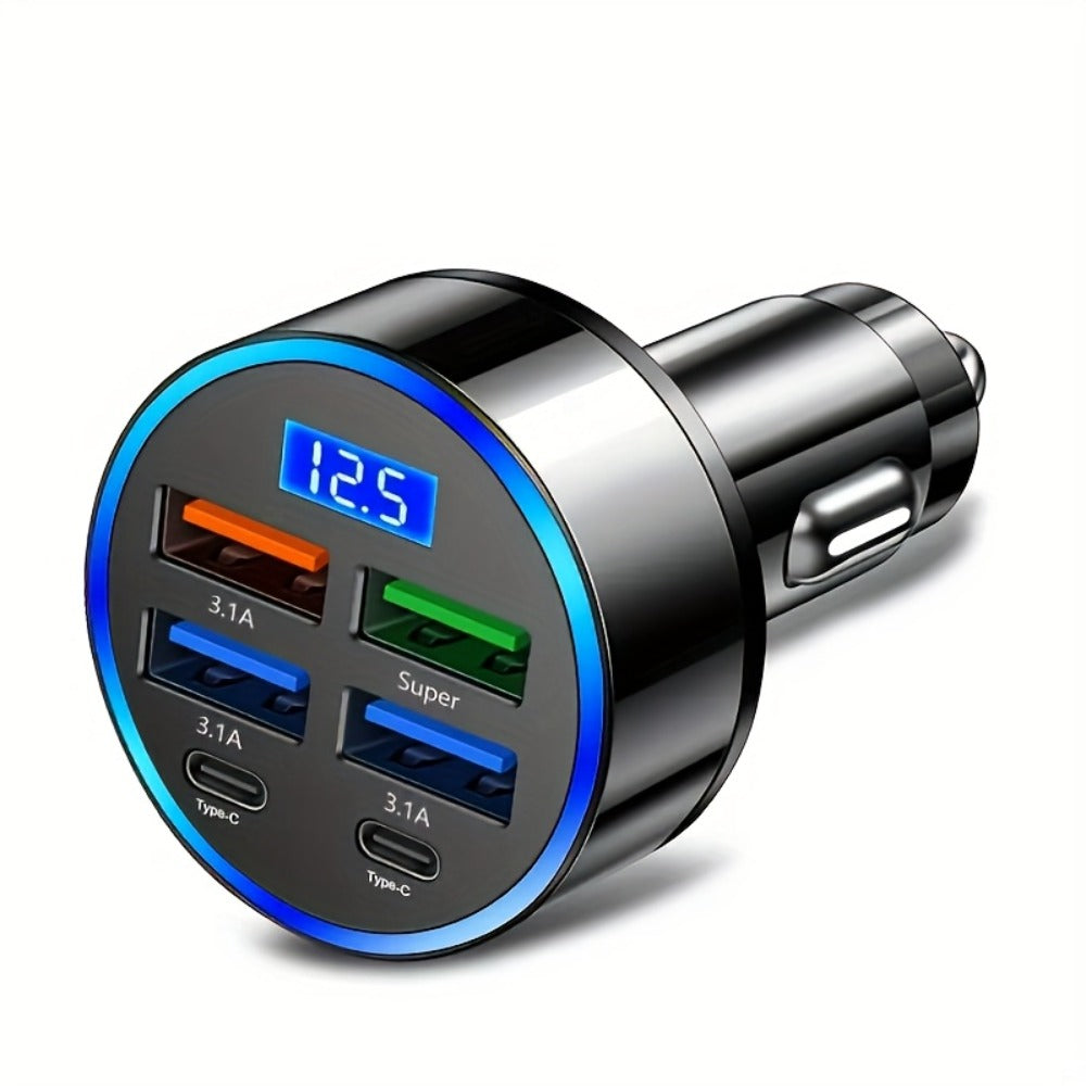 6-in-1 Car Charger 2-Pack with Ambient Light & Voltage Display, Dual PD Fast Charge + QC3.0 + 4 USB Ports Matte Finish