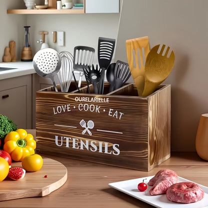 Wooden Cutlery Storage Box with Grid Compartments Chopstick Organizer Rack with Metal for Home Cooking, Dining and Outdoor Meals