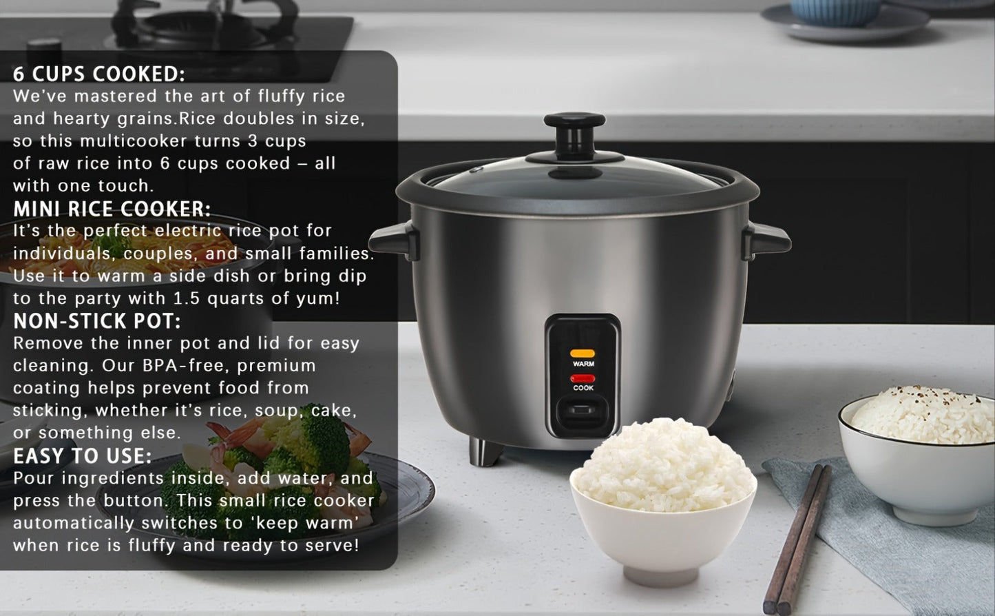 Rice Cooker & Yogurt Maker 1.5Qt, 6-Cup Non-Stick Electric Rice Cooker with Auto Keep, One-Touch