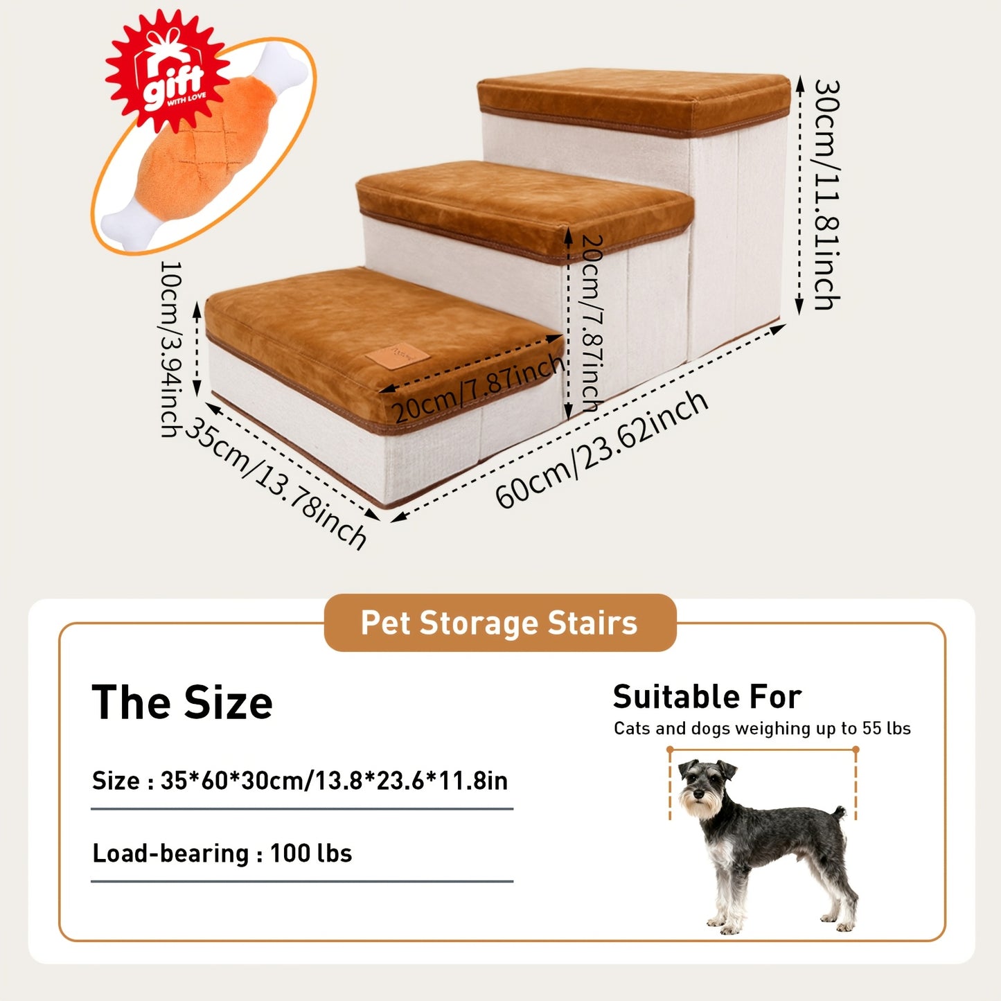 Dog Stairs for High Beds 3-Tier Foldable Pet Steps with Non-Slip Surface & Plush Chicken Leg Toy | Nylon Dog Ramp for Small & Extra Small