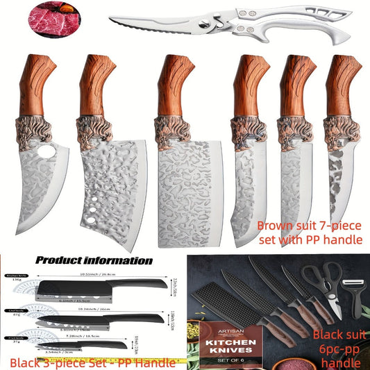 Multi-Piece Kitchen Knife Set with Stainless Steel Labels in Black Three-Piece or Brown Seven-Piece Options
