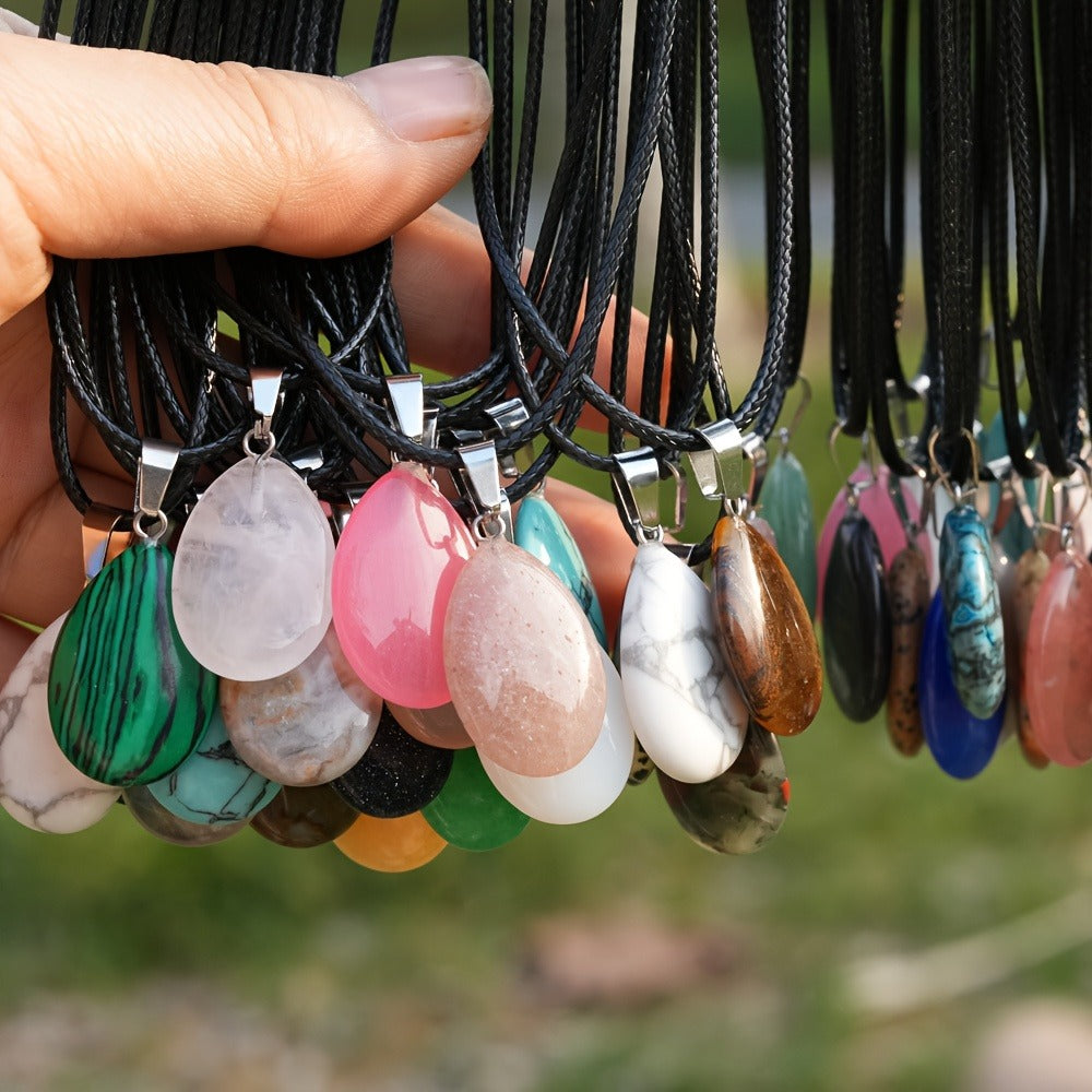 Crystal Pendant Necklace Set 40-Pack – Multicolor Water Droplet Artificial Crystal Pendants with Faux Leather Cord