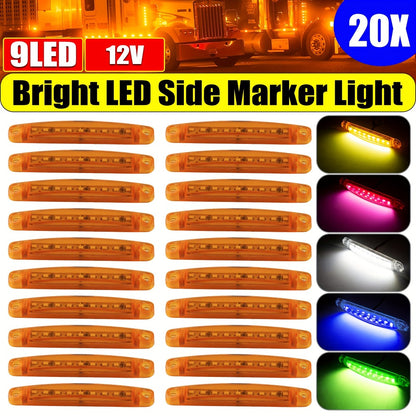 LED Side Marker Lights 20pcs, 12V 9-LED Clearance Indicator Lamp Bar for Truck Car Trailer, Waterproof Side Marker Light Kit in White Red