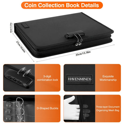 300-Pocket Coin Collection Book with Lock – Fireproof Holder, 72 Currency Sleeves, Coin Organizer Album for Pennies