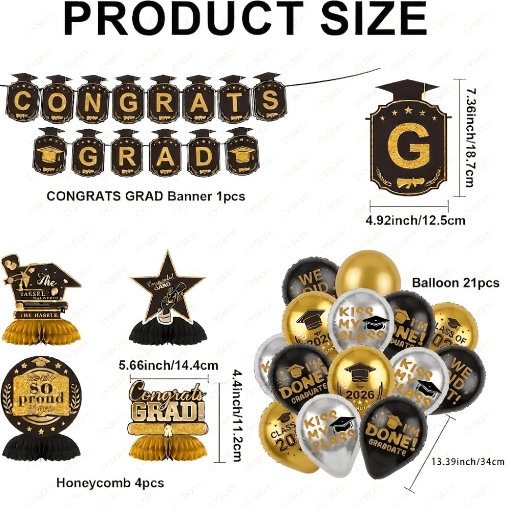 Class of 2026 Graduation Decoration Set with Letter Banner, Hanging Pieces and Six Color Options