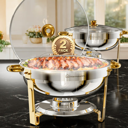 Gold Chafing Dishes Buffet Set 5QT Round Stainless Steel Food Warmer with Glass Lid Lid for Entryways, Bedrooms and Living Spaces