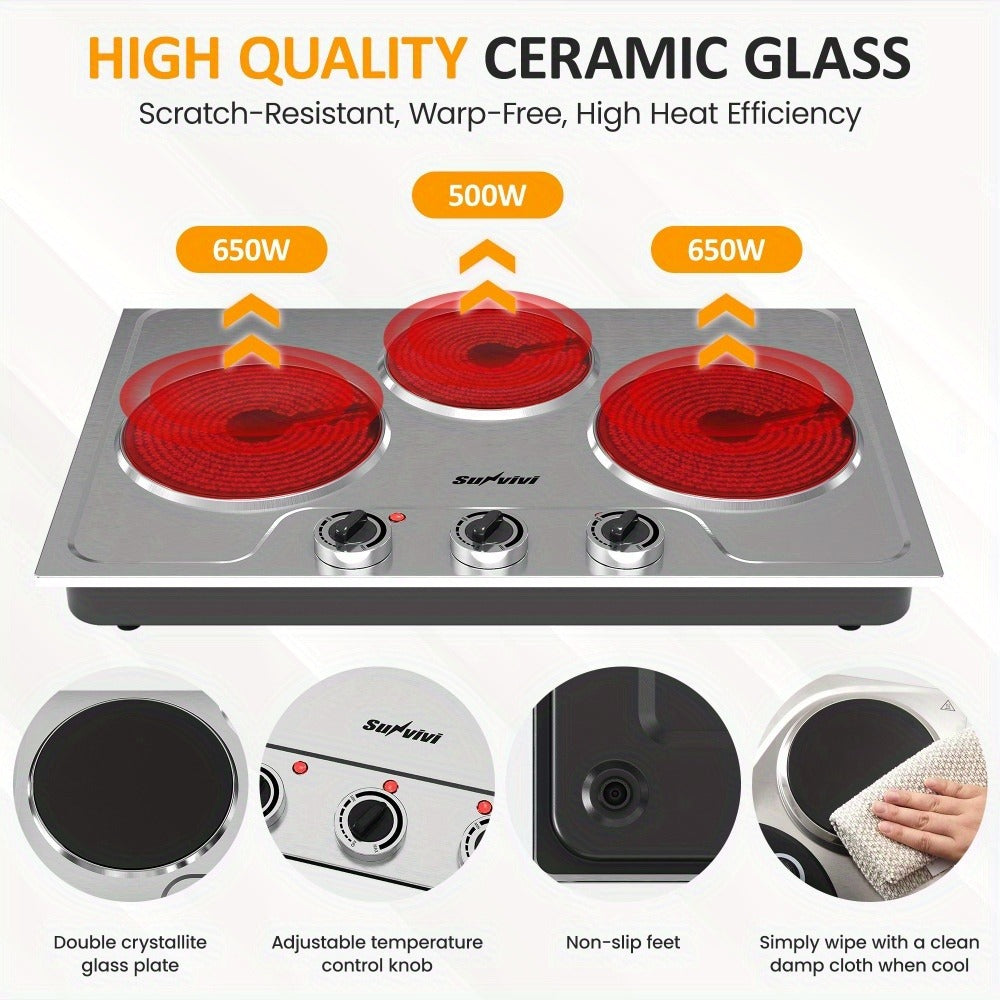 Portable Electric Cooktop Triple Burner 1800W, Royalcraft Countertop Electric Stove with Knob Control