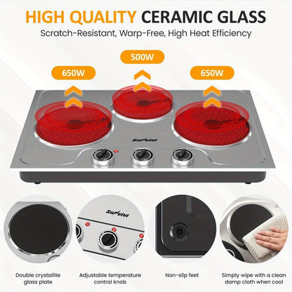 Portable Electric Cooktop Triple Burner 1800W, Royalcraft Countertop Electric Stove with Knob Control
