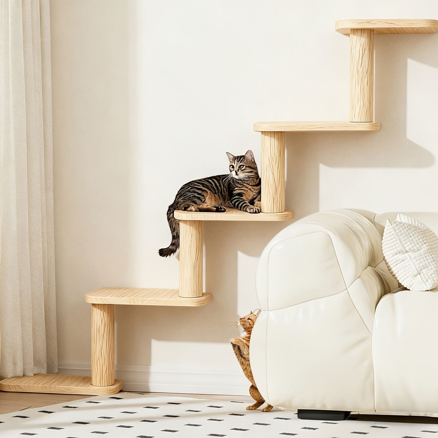 Wall-Mounted Cat Tree 5 Layers Solid Wood Indoor Cat Climbing Frame Jumping Platform Ladder Space-Saving for Small Spaces Multi-Cat Homes