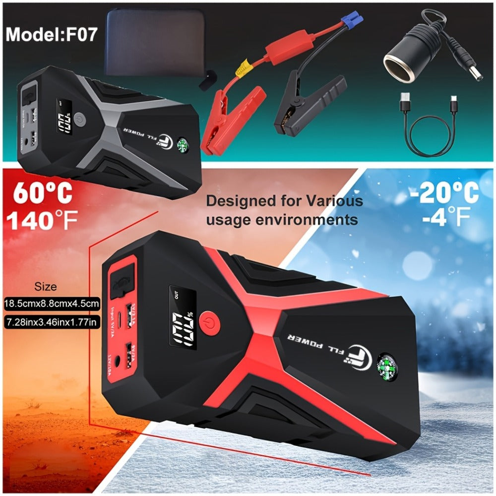 12V Jump Starter with F07, F13, F19 or F03 Black Model Options, Digital Display, LED Light and USB Connections