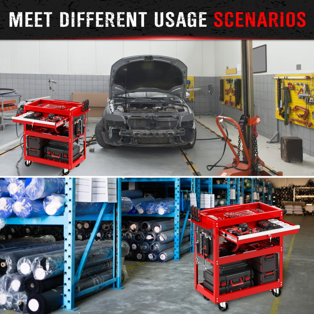 Rolling Tool Cart 3-Tier Pegboard Organizer Locking Drawer 4 Swivel Casters for Garage Workshop Mechanics Black Yellow